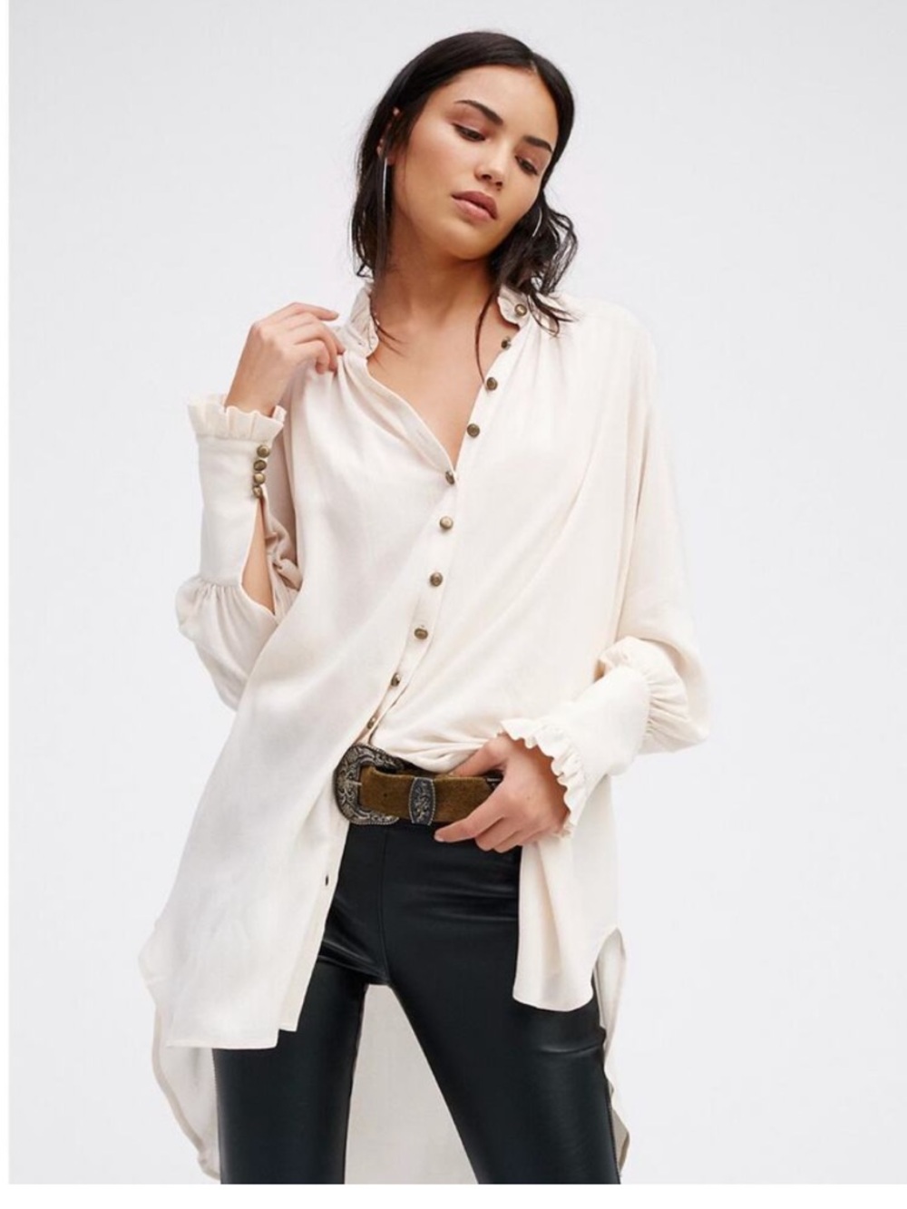 Free People Romantic Victorian Ivory Ruffle-Cuff Neck Button Down Shirt Small